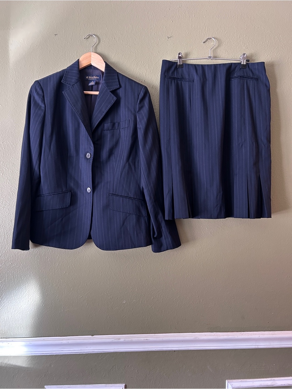 Brooks Brothers Y2K Classic Navy Pinstripe Wool Blazer & Skirt Suit Quiet Luxury
